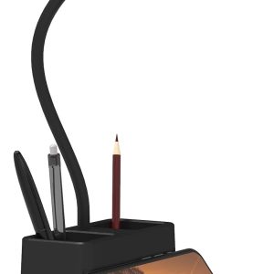 AXX Black LED Desk Lamp for Home Office Bedroom, Battery Operated Table Light for Computer Desktop, Small, Cute, Dimmable, Rechargeable, Flexible Gooseneck, Pen Holder, Phone Mount, Touch Control