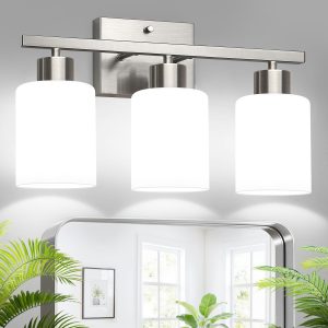 Brushed Nickel Bathroom Light Fixtures with Milk Glass Shades, Eye-Friendly 3 Light Vanity Lights for Bathroom, Vanity Lights with E26 Socket, for Mirror, Living Room, Bedroom, Hallway