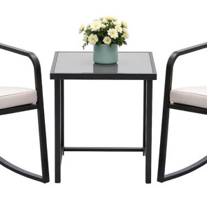 Devoko 3 Piece Rocking Bistro Set Wicker Patio Outdoor Furniture Porch Chairs Conversation Sets with Glass Coffee Table (Beige)