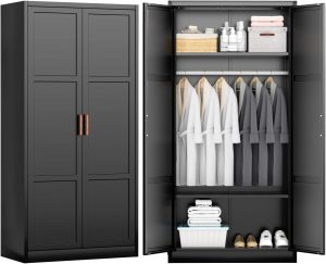 INTERGREAT Metal Storage Cabinet with Hanging Rail, Black Armoire Wardrobe Closet with 2 Doors,72" H Storage Closet Cabinets with Adjustable Shelves and Removable Hanging Rods