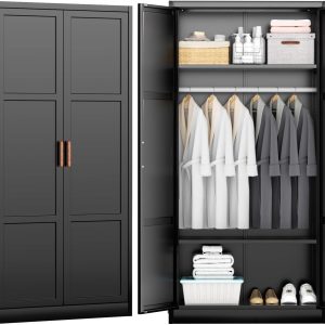 INTERGREAT Metal Storage Cabinet with Hanging Rail, Black Armoire Wardrobe Closet with 2 Doors,72" H Storage Closet Cabinets with Adjustable Shelves and Removable Hanging Rods
