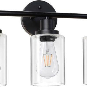 Unicozin Modern Bathroom Light Fixtures, 3 Light Vanity Lights, Black Wall Lamp with Clear Glass for Bathroom, Mirror, Living Room, Bedroom, Hallway, E26 Base
